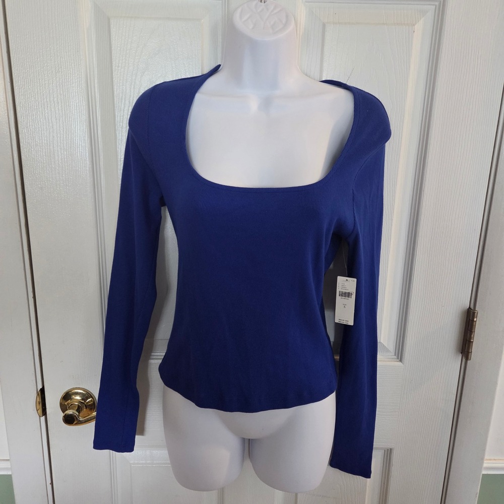 Maeve NWT Anthropologie Blue Ribbed Square Neck Long Sleeve Top Small Cotton